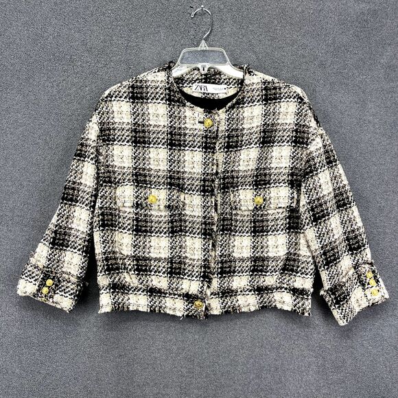 Zara Blazer Cropped Women Medium black beige Plaid Tweed Jacket Blogger Favorite - Picture 1 of 16